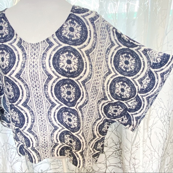 Roxy Koggala blue white print wide kimono short sleeve scoop neck top shirt - Picture 5 of 11